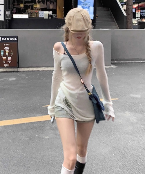 HALEY PESCA(ヘーリーペスカ)の「HALEY PESCA/2way シースルー ダメージニット(ニット/セーター・レディース・グレー/ホワイト・FREE)」の4枚目の写真