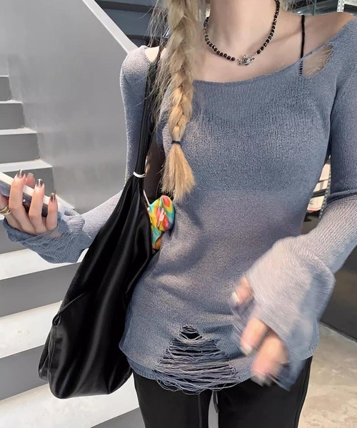 HALEY PESCA(ヘーリーペスカ)の「HALEY PESCA/2way シースルー ダメージニット(ニット/セーター・レディース・グレー/ホワイト・FREE)」の14枚目の写真