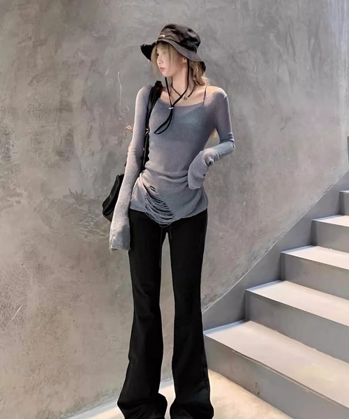 HALEY PESCA(ヘーリーペスカ)の「HALEY PESCA/2way シースルー ダメージニット(ニット/セーター・レディース・グレー/ホワイト・FREE)」の3枚目の写真