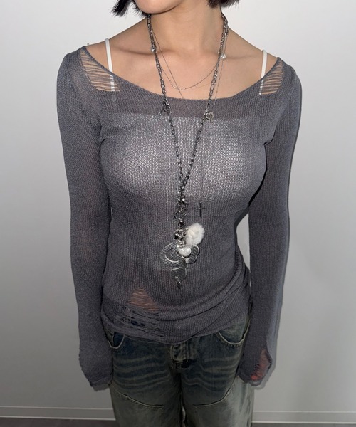 HALEY PESCA(ヘーリーペスカ)の「HALEY PESCA/2way シースルー ダメージニット(ニット/セーター・レディース・グレー/ホワイト・FREE)」の15枚目の写真