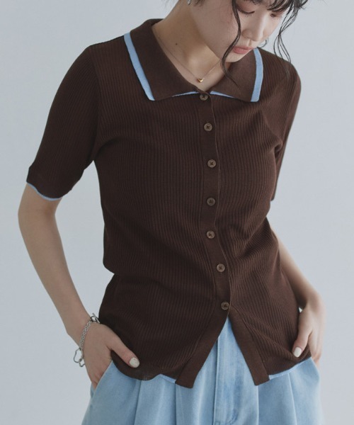 ECLAM(クラム)の「麻タッチ 配色 ポロ サマーニット カーディガン(カーディガン/ボレロ・レディース・ブラウン/アイボリー・FREE)」の15枚目の写真