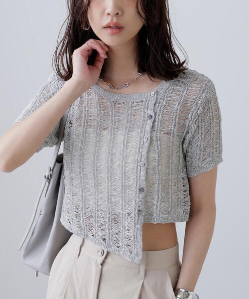 FREE'S MART（フリーズマート）の「◆透かし編みアシメボタンニット（ニット/セーター・レディース・グレー/ホワイト/ブラウン・FREE）」の11枚目の写真