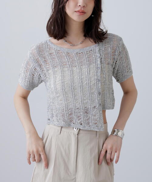 FREE'S MART（フリーズマート）の「◆透かし編みアシメボタンニット（ニット/セーター・レディース・グレー/ホワイト/ブラウン・FREE）」の6枚目の写真