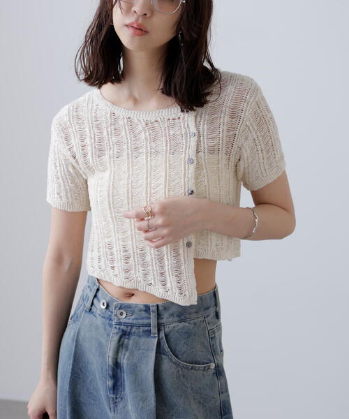 FREE'S MART（フリーズマート）の「◆透かし編みアシメボタンニット（ニット/セーター・レディース・グレー/ホワイト/ブラウン・FREE）」の22枚目の写真