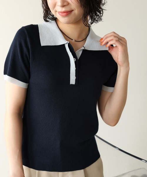 セール】配色ポロ衿ニットプルオーバー（Tシャツ/カットソー）｜Bab