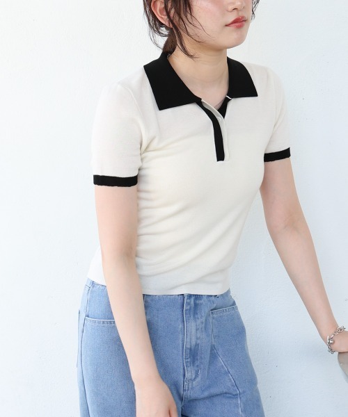 Bab(バブ)の「配色ポロ衿ニットプルオーバー(Tシャツ/カットソー・レディース・アイボリー/ネイビー・M)」の7枚目の写真