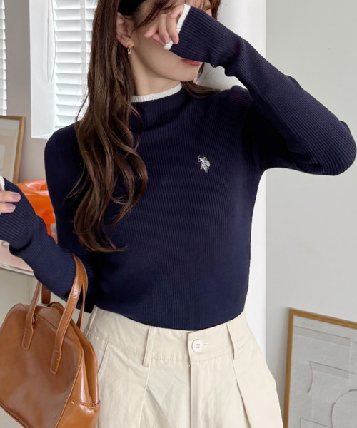 U.S. POLO ASSN.(ユーエスポロアッスン)の「【Ada.別注 U.S. POLO ASSN】配色デザイン コンパクト ぷちハイネック ニット カットソー(Tシャツ/カットソー・レディース・ホワイト×ネイビー/チャコール/ネイビー×ホワイト・M/L)」の8枚目の写真