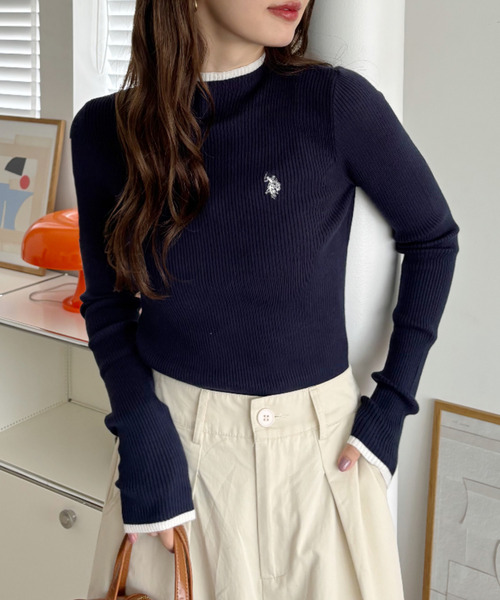 U.S. POLO ASSN.(ユーエスポロアッスン)の「【Ada.別注 U.S. POLO ASSN】配色デザイン コンパクト ぷちハイネック ニット カットソー(Tシャツ/カットソー・レディース・ホワイト×ネイビー/チャコール/ネイビー×ホワイト・M/L)」の9枚目の写真