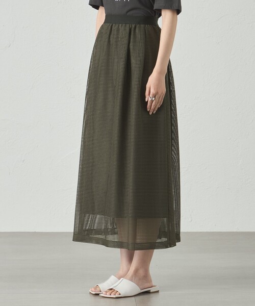 CAST:(キャストコロン)の「【セットアップ対応/オンでもオフでも活躍】メッシュフレアスカート(スカート・レディース・グリーン系その他7/ブラック/オフホワイト・S/M/L)」の10枚目の写真