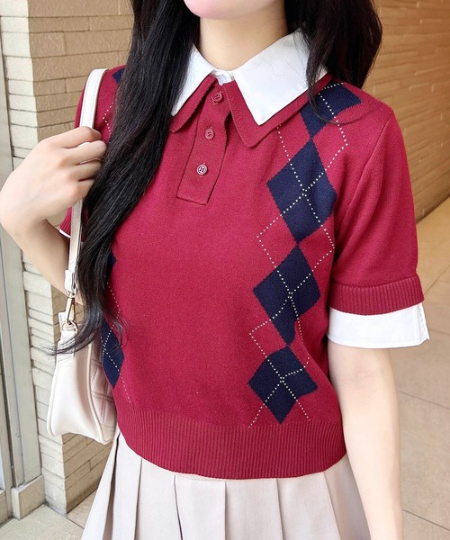 ちい　おまとめ2点　ネイビーアーガイル　チェック柄ポロニット セール】アーガイル柄ダブルカラー半袖ポロニット（ニット/セーター