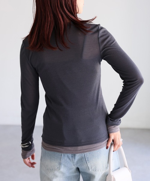 セール】配色重ね着風バイカラーシアートップス（Tシャツ/カットソー