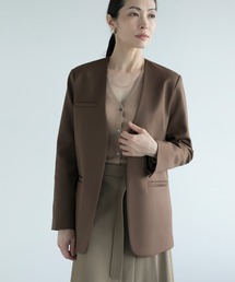 ノーカラージャケット（ブラウン/茶色系・ウール・ニット