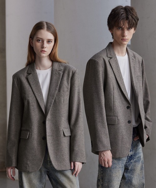 セール】【CLEL】Wool Blend Herringbone Tweed Tailored Jacket