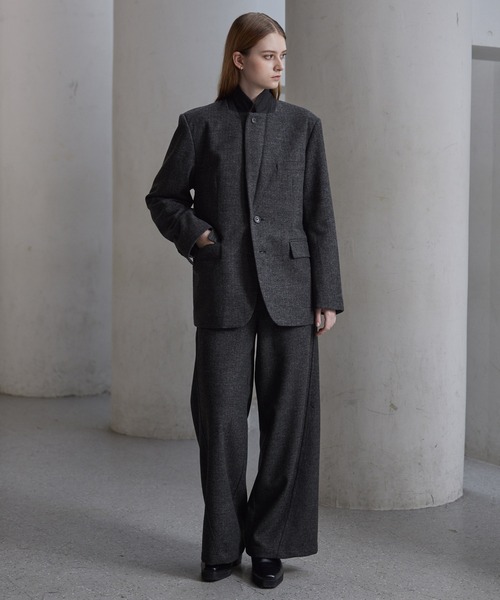 CLELヘリンボーン ツイード テーラードジャケット グレー　Sサイズ CLEL】Wool Blend Herringbone Tweed Tailored Jacket / ウール