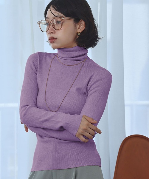 ニット 長袖 リブニット トップス ハイネック プルオーバー 秋 冬