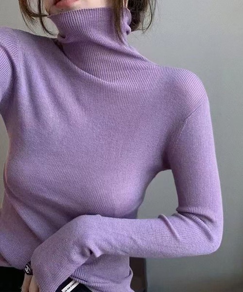 Ampirula(アンピルーラ)の「ニット 長袖 リブニット トップス ハイネック プルオーバー 秋 冬(ニット/セーター・レディース・パープル/ホワイト/ブラウン/グリーン/ピンク/アイボリー/ブラック/グレー/ブルー・FREE)」の13枚目の写真