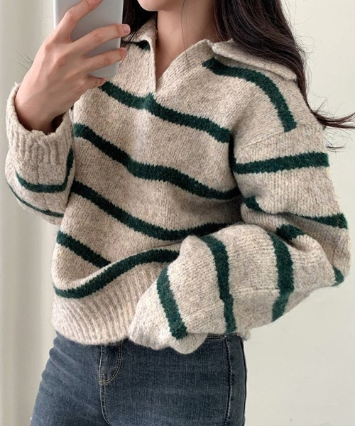 Teem Store(チームストア)の「【再入荷】襟付きボーダーショートニットポロ(ニット/セーター・レディース・レッド/グリーン/ブルー・F)」の1枚目の写真