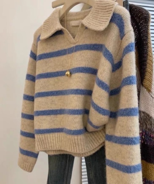Teem Store(チームストア)の「【再入荷】襟付きボーダーショートニットポロ(ニット/セーター・レディース・レッド/グリーン/ブルー・F)」の18枚目の写真