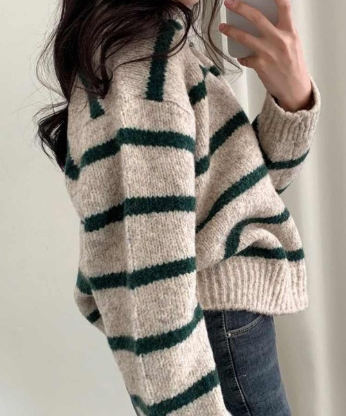 Teem Store(チームストア)の「【再入荷】襟付きボーダーショートニットポロ(ニット/セーター・レディース・レッド/グリーン/ブルー・F)」の4枚目の写真