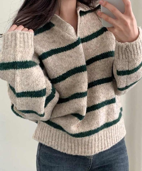 Teem Store(チームストア)の「【再入荷】襟付きボーダーショートニットポロ(ニット/セーター・レディース・レッド/グリーン/ブルー・F)」の5枚目の写真
