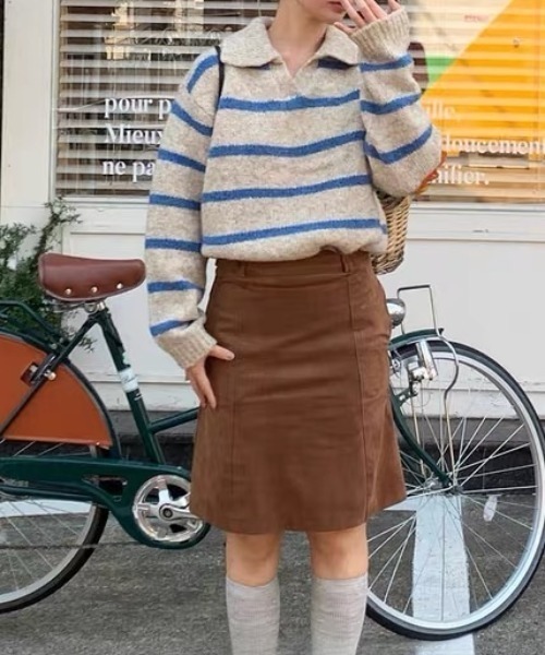 Teem Store(チームストア)の「【再入荷】襟付きボーダーショートニットポロ(ニット/セーター・レディース・レッド/グリーン/ブルー・F)」の9枚目の写真