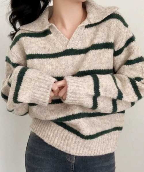 Teem Store(チームストア)の「【再入荷】襟付きボーダーショートニットポロ(ニット/セーター・レディース・レッド/グリーン/ブルー・F)」の6枚目の写真