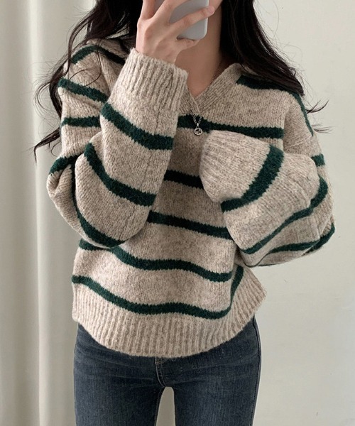 Teem Store(チームストア)の「【再入荷】襟付きボーダーショートニットポロ(ニット/セーター・レディース・レッド/グリーン/ブルー・F)」の7枚目の写真