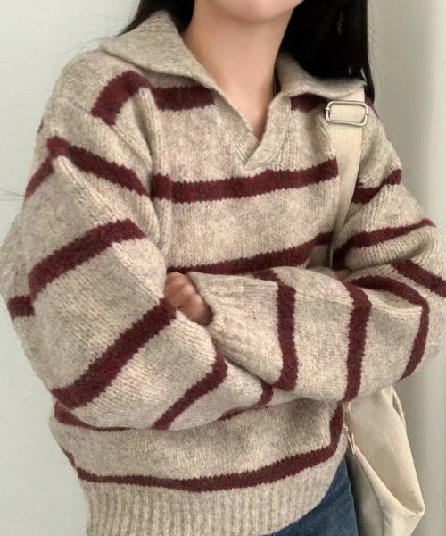 Teem Store(チームストア)の「【再入荷】襟付きボーダーショートニットポロ(ニット/セーター・レディース・レッド/グリーン/ブルー・F)」の19枚目の写真