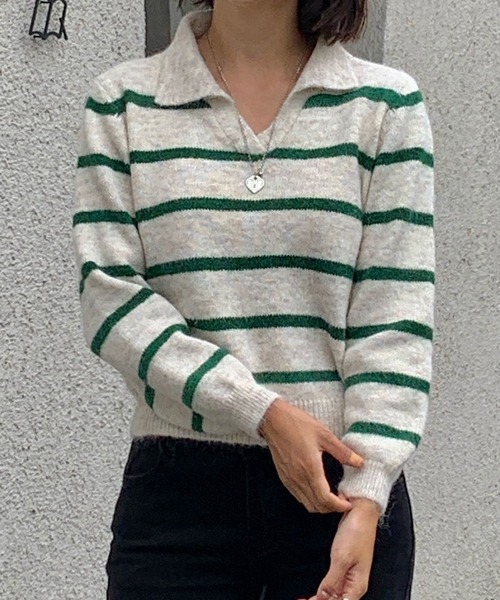 Teem Store(チームストア)の「【再入荷】襟付きボーダーショートニットポロ(ニット/セーター・レディース・レッド/グリーン/ブルー・F)」の22枚目の写真