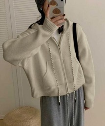 ハーフジップフード付きニットパーカー