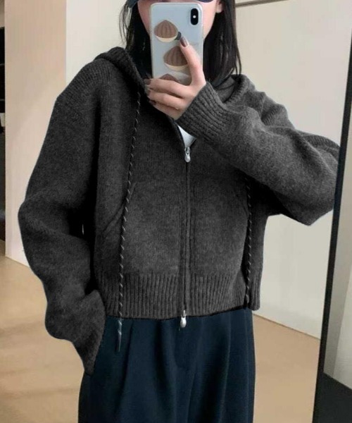 セール】ハーフジップフード付きニットパーカー（カーディガン/ボレロ