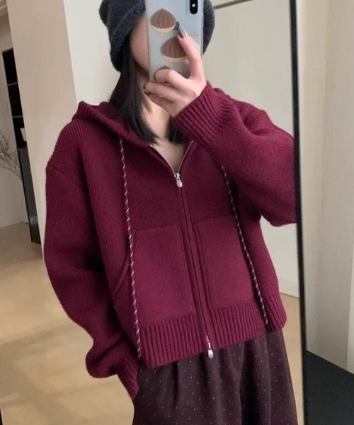 セール】ハーフジップフード付きニットパーカー（カーディガン/ボレロ