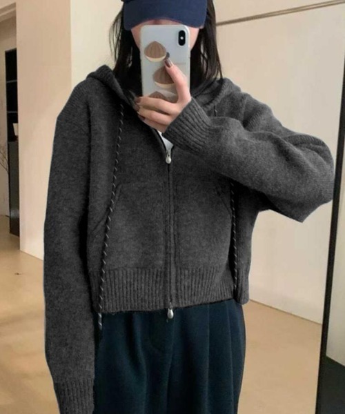 セール】ハーフジップフード付きニットパーカー（カーディガン/ボレロ