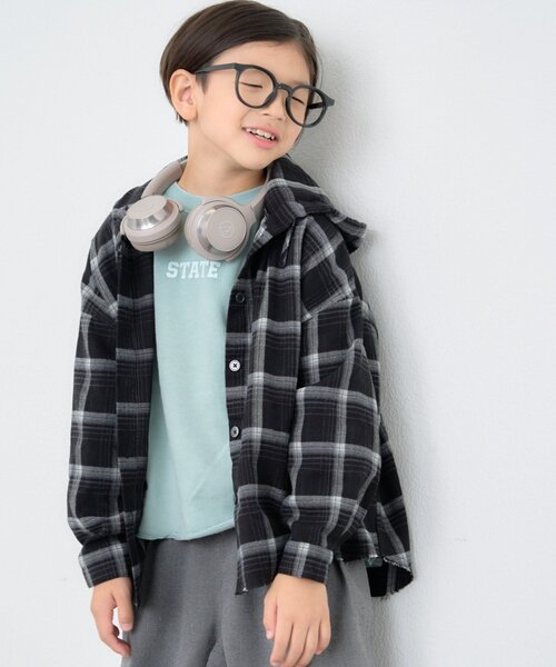 CIAOPANIC TYPY（チャオパニックティピー）の「【KIDS】【ジュニアサイズあり】裾断ち切り微起毛チェックフードシャツ（シャツ/ブラウス・キッズ・ブラック/ブラウン・XX-LARGE/X-LARGE/LARGE/MEDIUM/SMALL）」の2枚目の写真