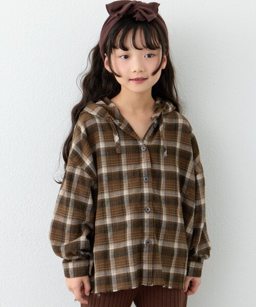 CIAOPANIC TYPY（チャオパニックティピー）の「【KIDS】【ジュニアサイズあり】裾断ち切り微起毛チェックフードシャツ（シャツ/ブラウス・キッズ・ブラック/ブラウン・XX-LARGE/X-LARGE/LARGE/MEDIUM/SMALL）」の3枚目の写真