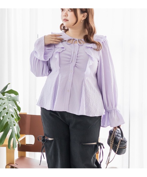 CLETTE（クレット）の「CLETTEオリジナルデコルテリボンフリルブラウス（シャツ/ブラウス・レディース・ラベンダー/ブラック/オフホワイト・LL/3L/4L）」の18枚目の写真