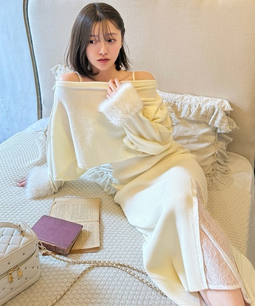 セール】ファーポンチョ付スリットレースニットタイトワンピース