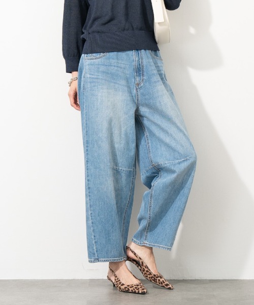 aunt lily(アントリリー)の「ライトオンスデニム カーブパンツ|ワイドパンツ デニム 体系カバー 綿100 軽量 やわらか しなやか きれいめ(デニムパンツ・レディース・ホワイト/ブルー/ブルー系その他・L/M/LL/S)」の1枚目の写真