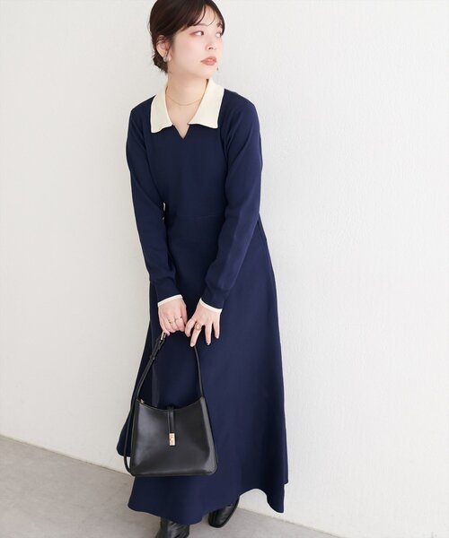 セール】【WEB限定】配色衿付きニットワンピース（ワンピース
