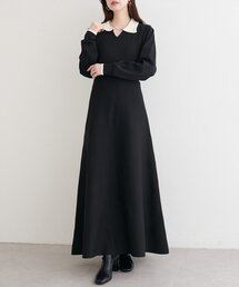 【WEB限定】配色衿付きニットワンピース