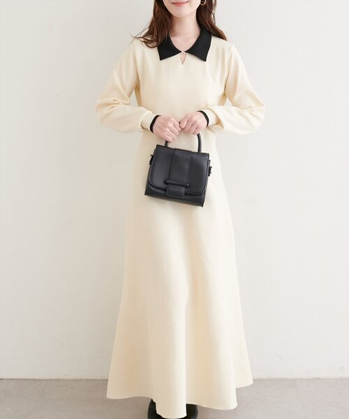 natural couture（ナチュラルクチュール）の「【WEB限定】配色衿付きニットワンピース（ワンピース・レディース・ネイビー/オフホワイト/ブラック・FREE）」の5枚目の写真
