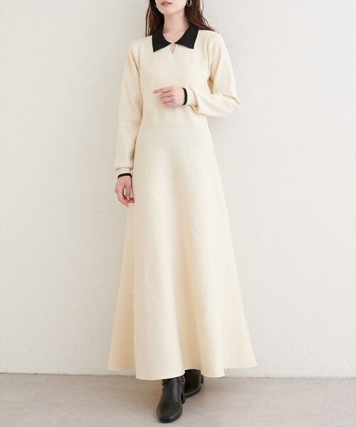 natural couture（ナチュラルクチュール）の「【WEB限定】配色衿付きニットワンピース（ワンピース・レディース・ネイビー/オフホワイト/ブラック・FREE）」の7枚目の写真