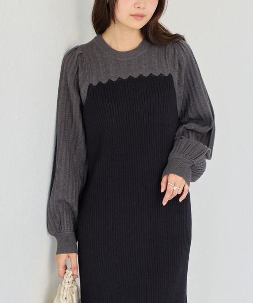 洗える】透かし編み切替ニットワンピース（ワンピース）｜LAVEANGE