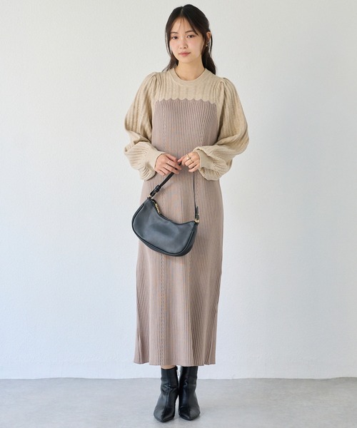 洗える】透かし編み切替ニットワンピース（ワンピース）｜LAVEANGE