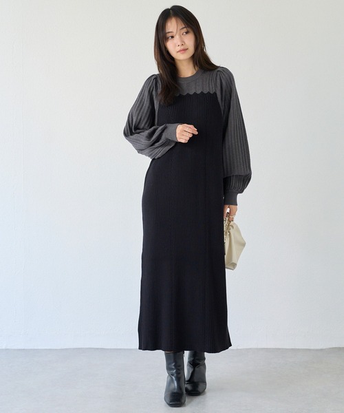 洗える】透かし編み切替ニットワンピース（ワンピース）｜LAVEANGE