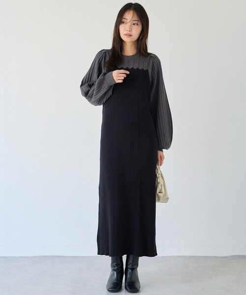 LAVEANGE（ラビアンジェ）の「【洗える】透かし編み切替ニットワンピース｜ボリューム袖/ゆったり/大きいサイズ（ワンピース・レディース・グレー/ブラック/ベージュ・F/3L/4L）」の9枚目の写真