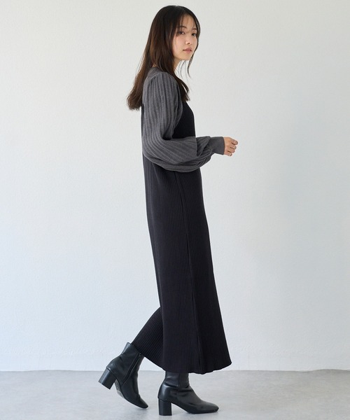LAVEANGE（ラビアンジェ）の「【洗える】透かし編み切替ニットワンピース｜ボリューム袖/ゆったり/大きいサイズ（ワンピース・レディース・グレー/ブラック/ベージュ・F/3L/4L）」の11枚目の写真