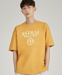 レタリングロゴエンブレムラウンドネック15番手綿半袖Tシャツ_チェダー