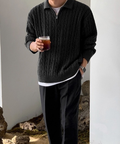 NOWLE(ノウル)の「【NOWLE】ケーブル編み ハーフジップ ポロカラー ニット(ニット/セーター・メンズ・ブラック/グレー・MEDIUM/LARGE/X-LARGE)」の10枚目の写真