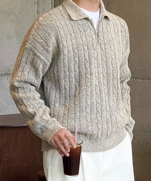 NOWLE(ノウル)の「【NOWLE】ケーブル編み ハーフジップ ポロカラー ニット(ニット/セーター・メンズ・ブラック/グレー・MEDIUM/LARGE/X-LARGE)」の13枚目の写真